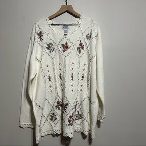 VTG Women’s Embroidered Beaded Cottage core Sweater Size 2X White Koret Knit